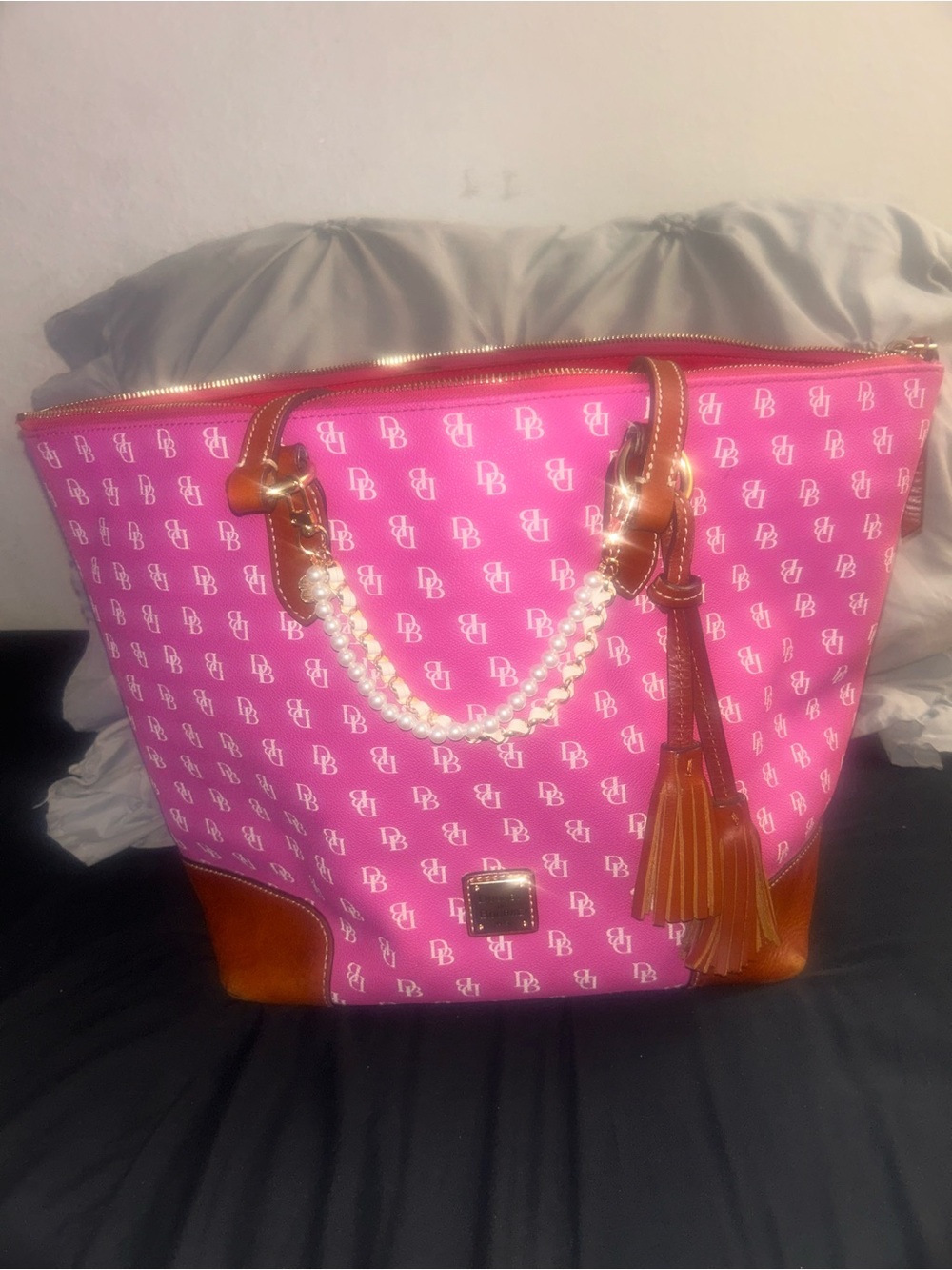 Dooney & Bourke Bright Pink Logo Tote with Brown Trim and Pearl Chain